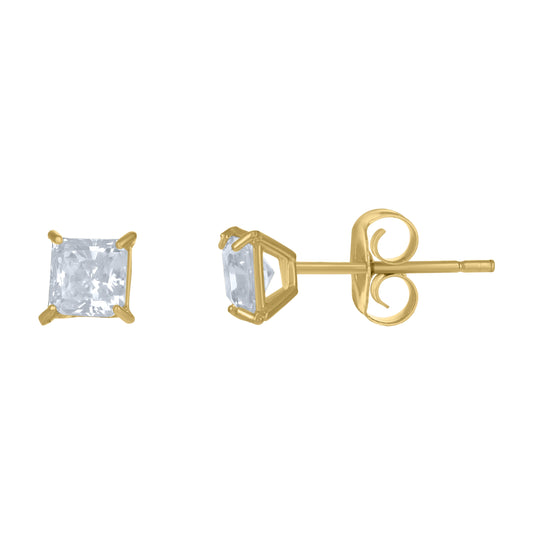 10K Yellow Gold Unisex Princess Cut Cubic-Zirconia Square Stud Earrings