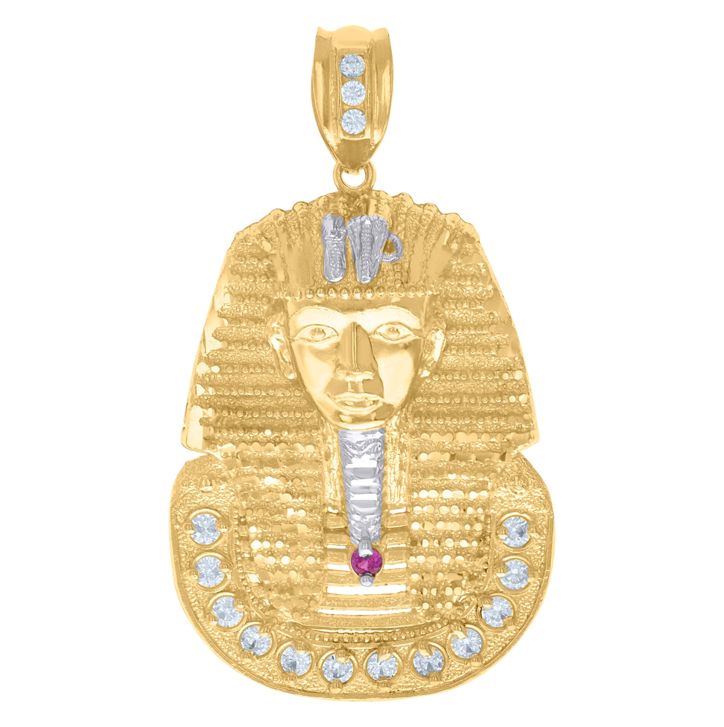 10K Two-Tone Gold Mens White Purple Cubic-Zirconia Egyptian Pharaoh Charm Pendant