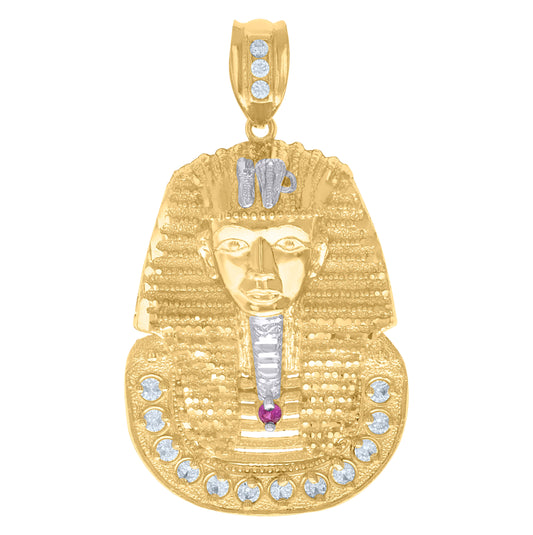 10K Two-Tone Gold Mens White Purple Cubic-Zirconia Egyptian Pharaoh Charm Pendant