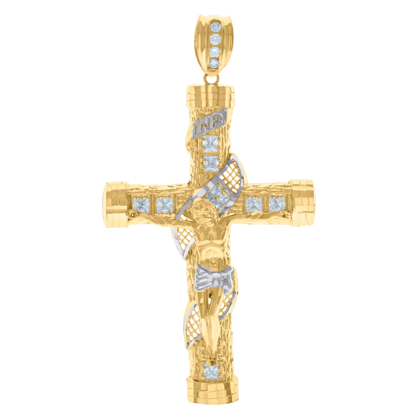 10K Two-Tone Gold Mens Princess Cut Cubic-Zirconia Religious Cross Crucifix Inri Crucifix Charm Pendant