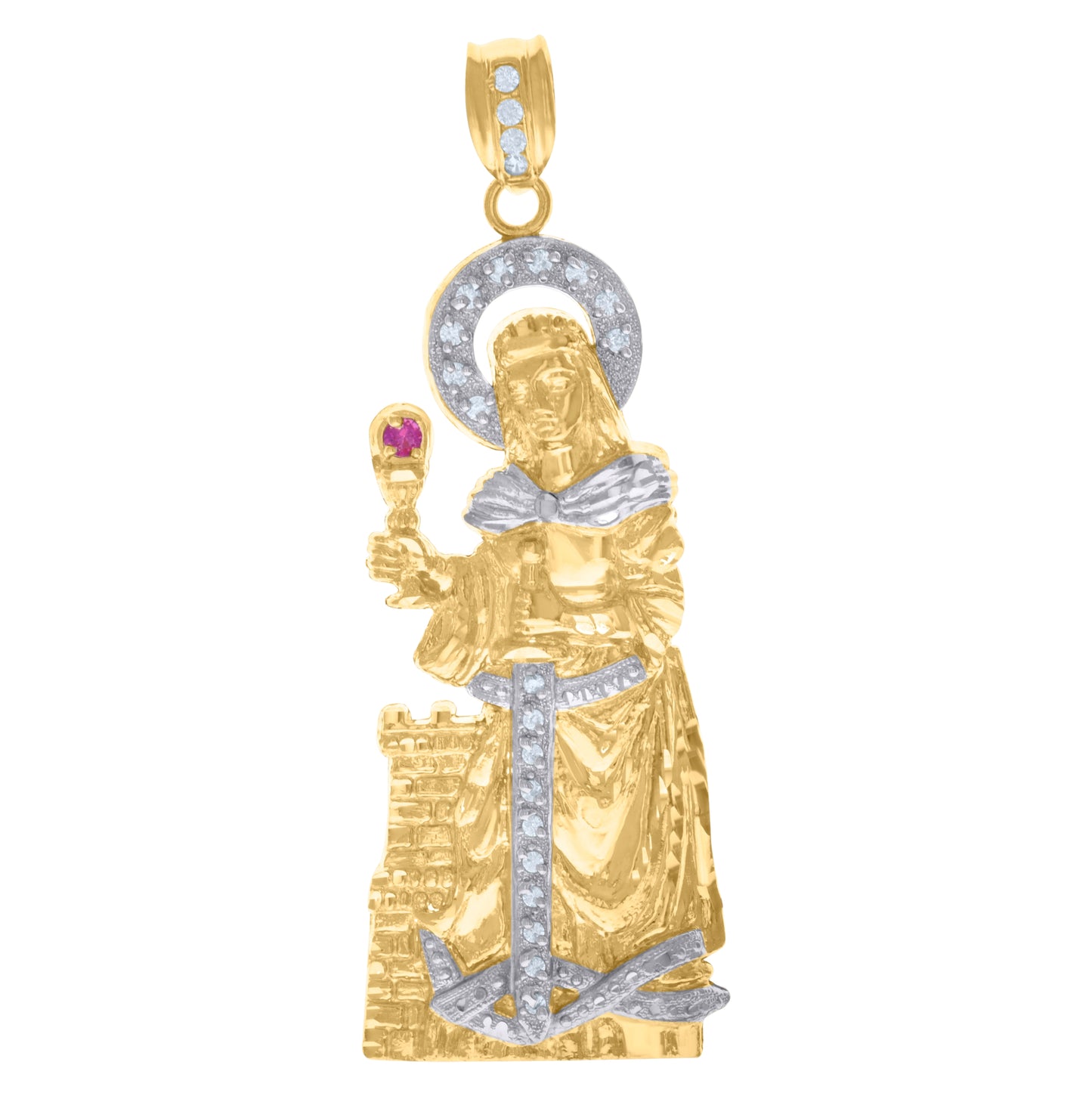 10K Two-Tone Gold Mens White Purple Cubic-Zirconia Religious Saint Barbara Charm Pendant