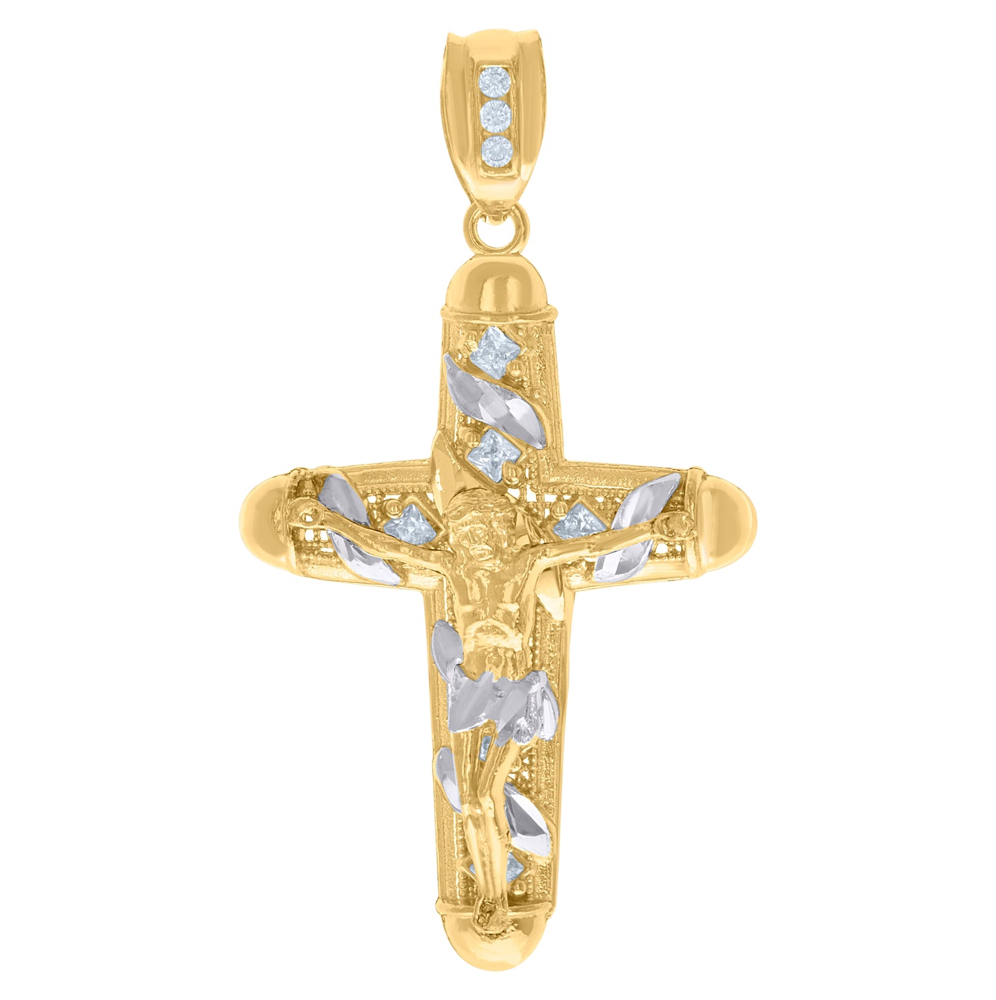 10K Two-Tone Gold Mens Princess Cut Cubic-Zirconia Religious Cross Crucifix Charm Pendant