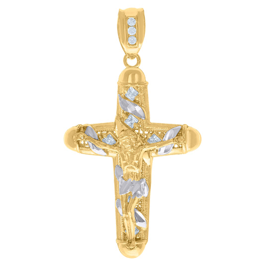 10K Two-Tone Gold Mens Princess Cut Cubic-Zirconia Religious Cross Crucifix Charm Pendant