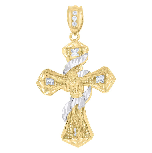 10K Two-Tone Gold Mens Princess Cut Cubic-Zirconia Religious Cross Crucifix Charm Pendant