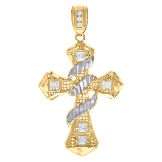 10K Two-Tone Gold Mens Princess Cut Cubic-Zirconia Religious Cross Charm Pendant