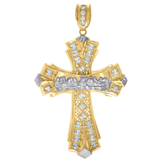 10K Two-Tone Gold Mens Princess Cut Cubic-Zirconia Religious Cross Last Supper Charm Pendant