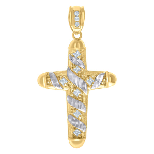 10K Two-Tone Gold Mens Princess Cut Cubic-Zirconia Religious Cross Charm Pendant