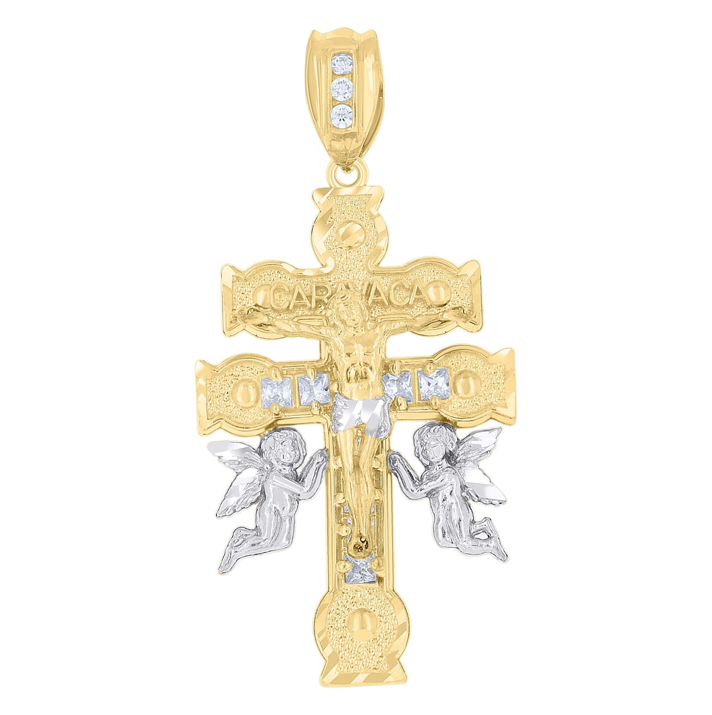 10K Two-Tone Gold Mens Princess Cut Cubic-Zirconia Religious Caravaca Cross Crucifix Charm Pendant