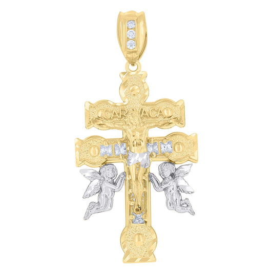 10K Two-Tone Gold Mens Princess Cut Cubic-Zirconia Religious Caravaca Cross Crucifix Charm Pendant