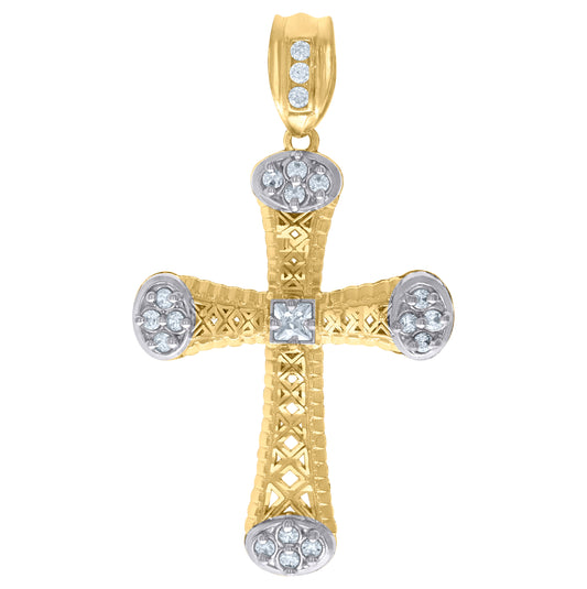 10K Two-Tone Gold Mens Princess Cut Cubic-Zirconia Religious Cross Charm Pendant