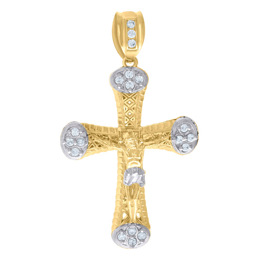 10K Two-Tone Gold Mens Cubic-Zirconia Religious Cross Crucifix Charm Pendant