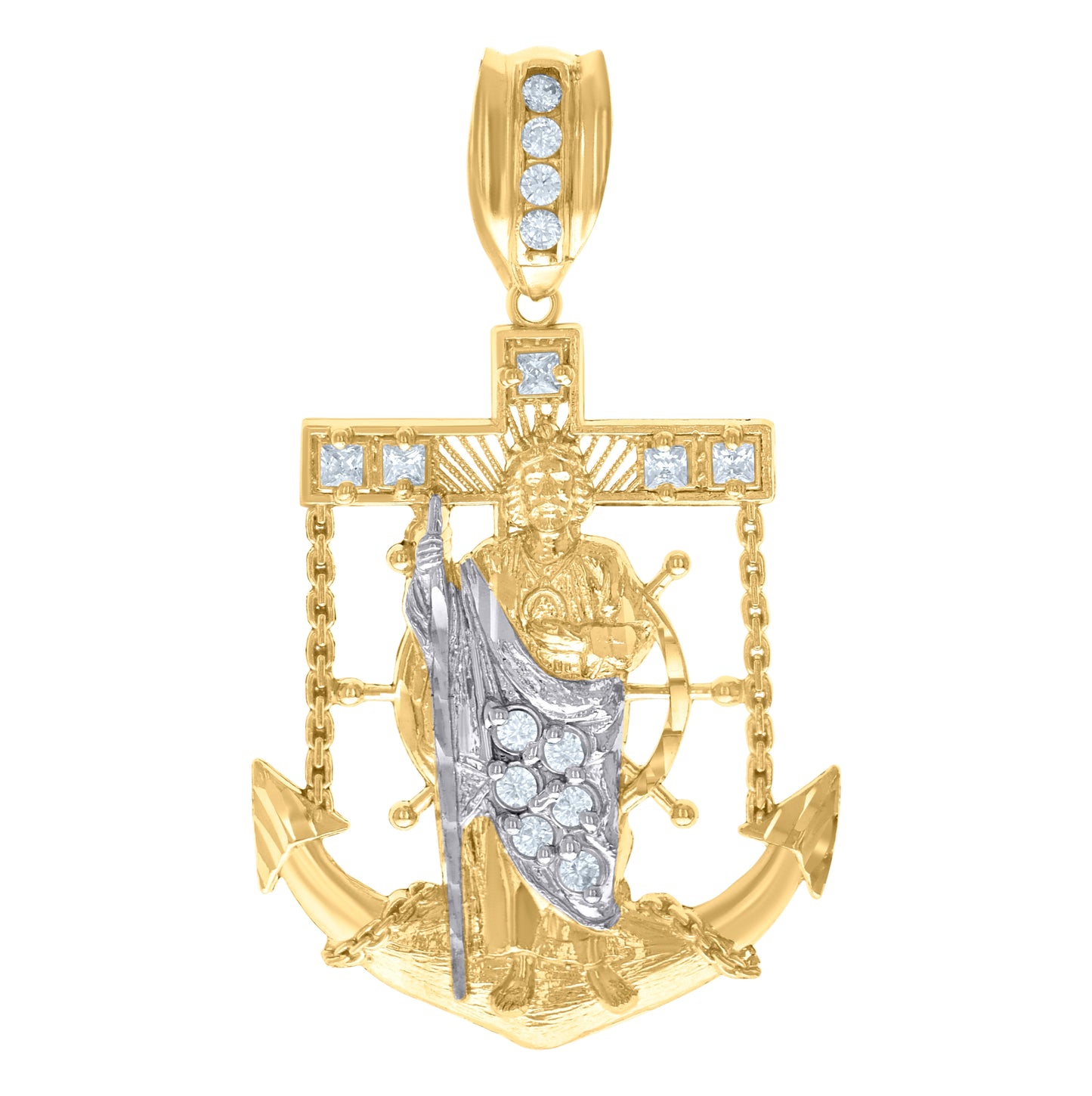 10K Two-Tone Gold Mens Princess Cut Cubic-Zirconia Religious Saint Jude Charm Pendant