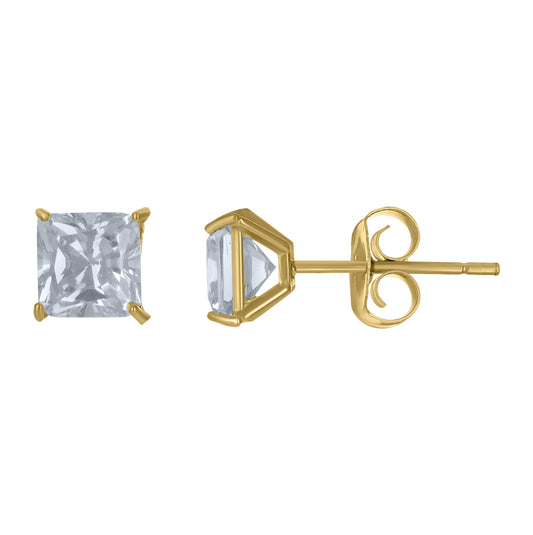 10K Yellow Gold Unisex Princess Cut Cubic-Zirconia Square Stud Earrings