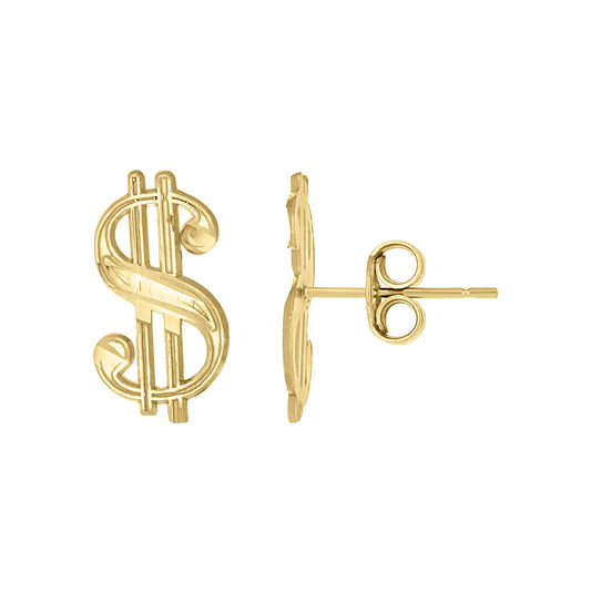 10K Yellow Gold Mens Gambling Dollar Sign Stud Earrings