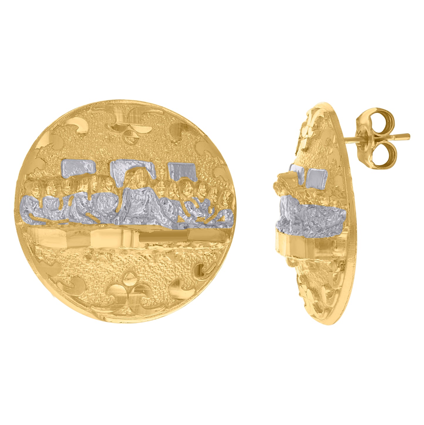 10K Two-Tone Gold Mens Religious Last Supper Stud Earrings