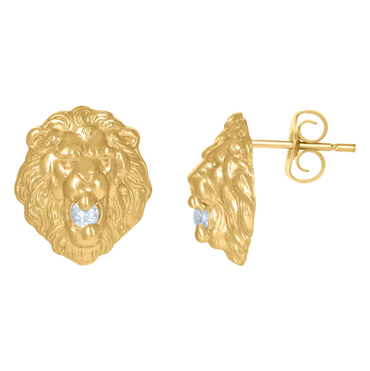 10K Yellow Gold Mens Cubic-Zirconia Animal Lion Stud Earrings