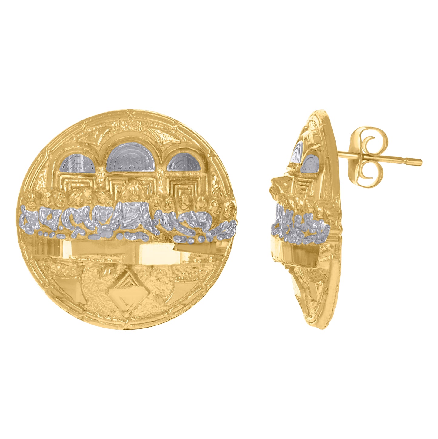 10K Two-Tone Gold Mens Religious Last Supper Stud Earrings