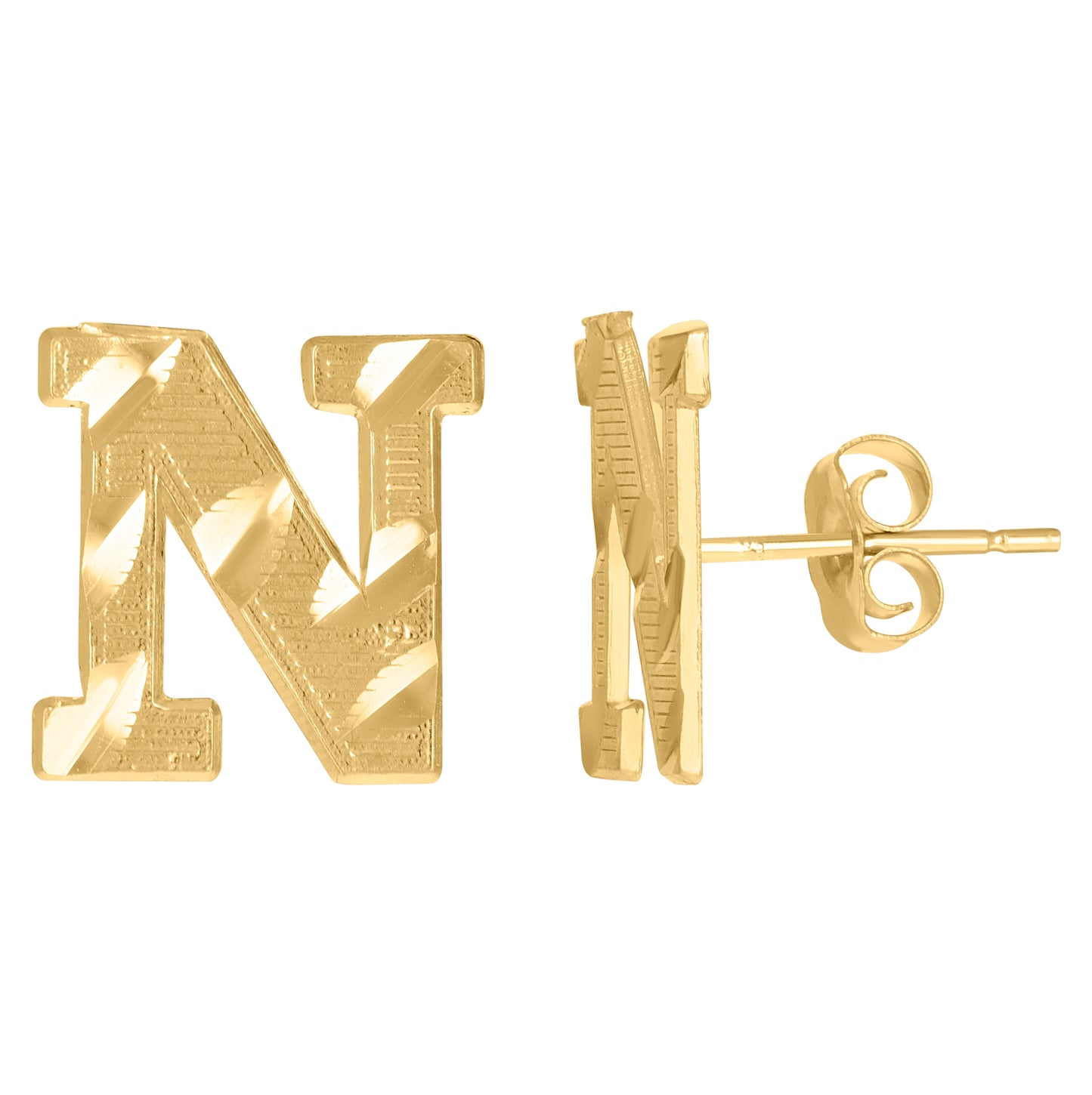 10K Yellow Gold Mens Initials Letter N Stud Earrings