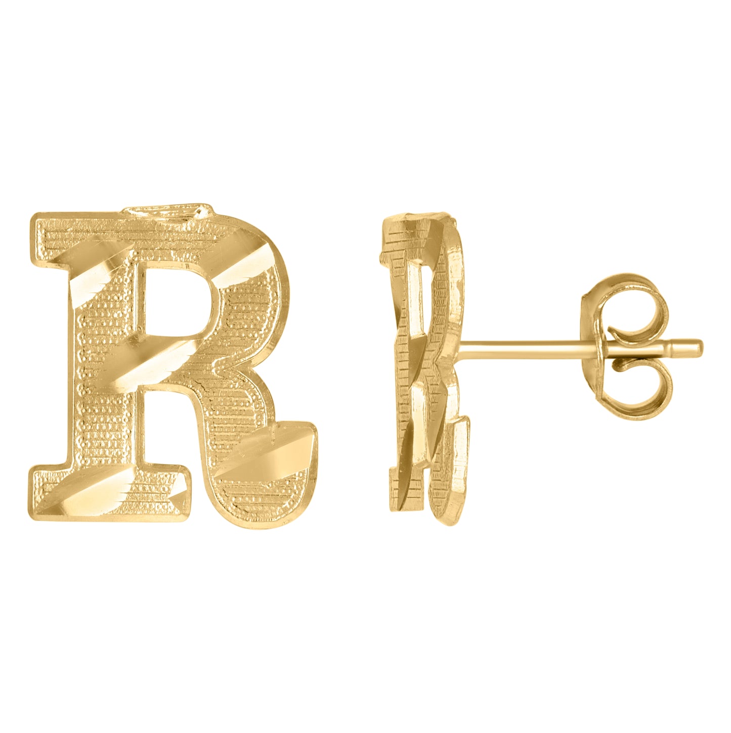 10K Yellow Gold Mens Initials Letter R Stud Earrings