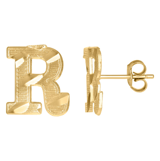 10K Yellow Gold Mens Initials Letter R Stud Earrings