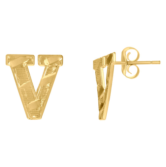 10K Yellow Gold Mens Initials Letter V Stud Earrings