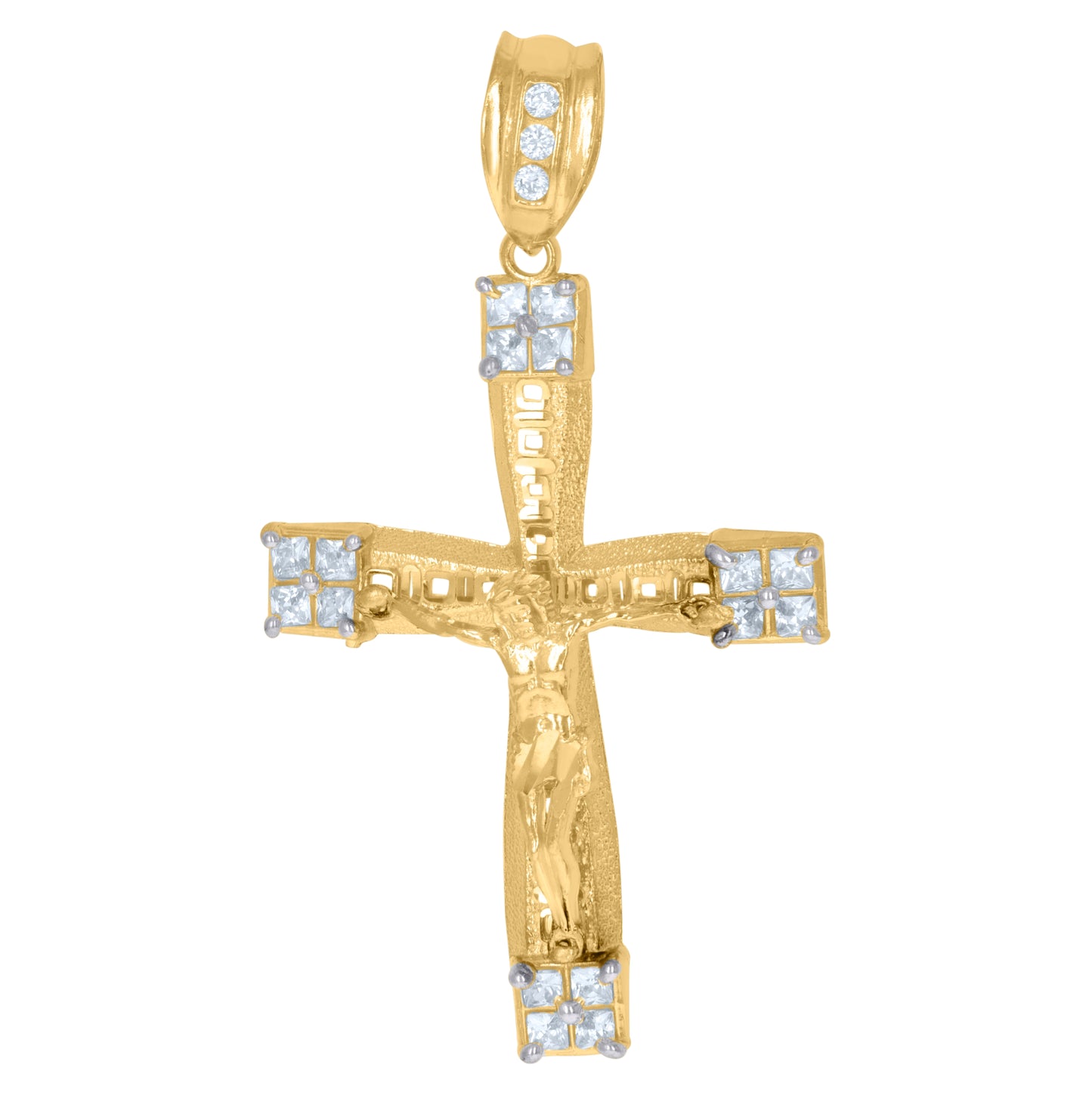 10K Two-Tone Gold Mens Princess Cut Cubic-Zirconia Religious Cross Crucifix Charm Pendant