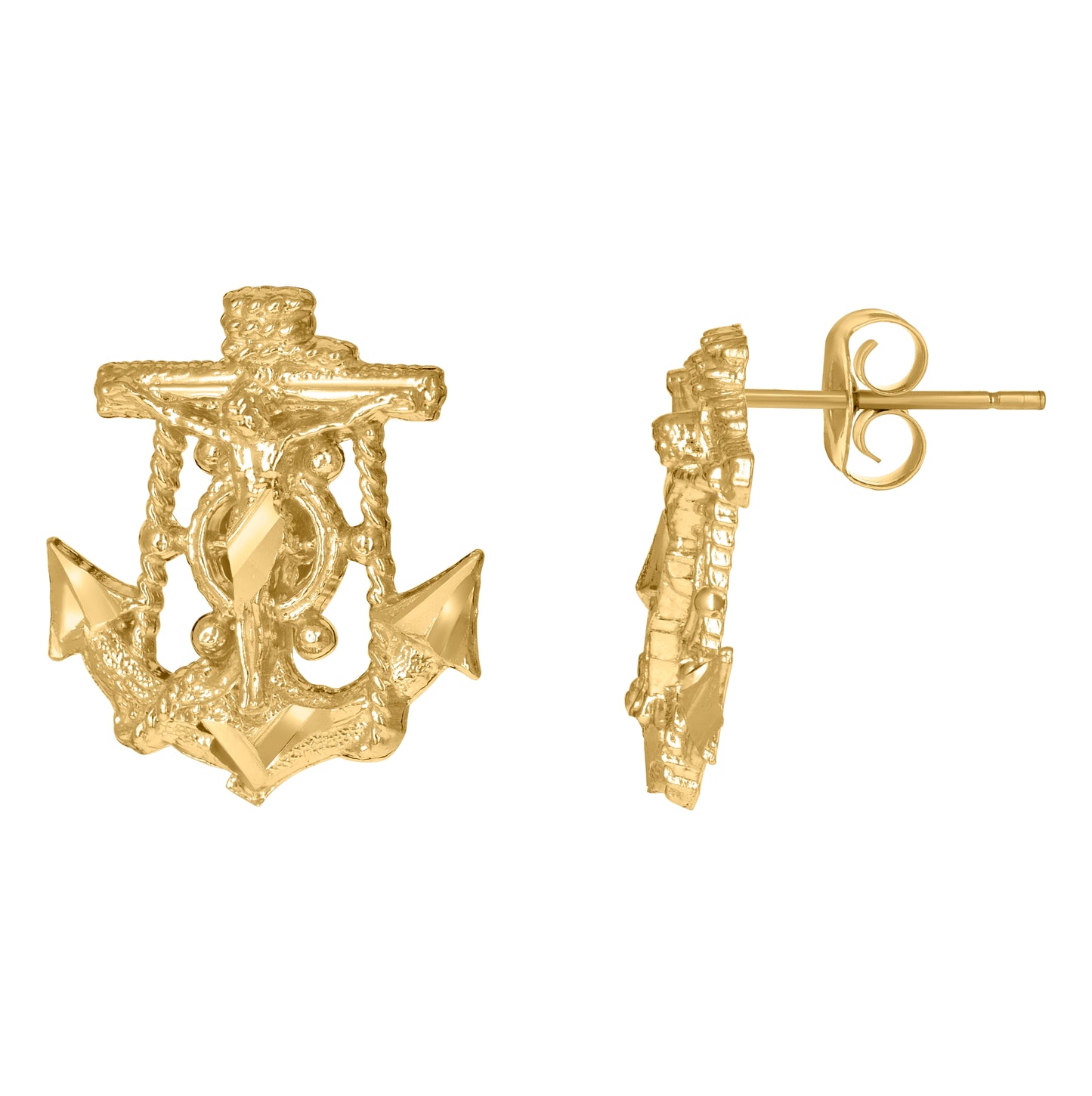 10K Two-Tone Gold Mens Religious Anchor Crucifix Stud Earrings