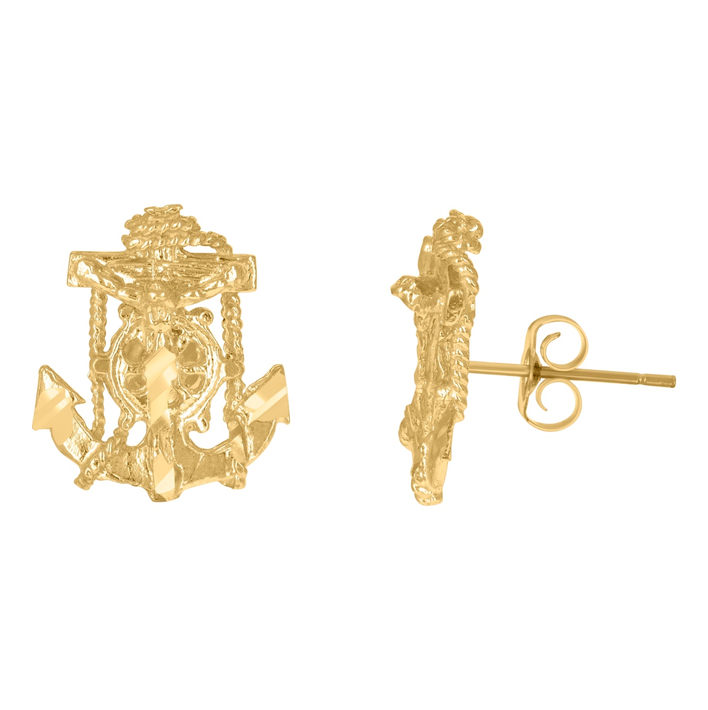 10K Yellow Gold Mens Anchor Crucifix Religious Stud Earrings