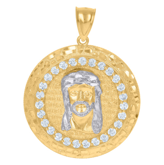 10K Two-Tone Gold Mens Cubic-Zirconia Medallion Jesus Religious Charm Pendant