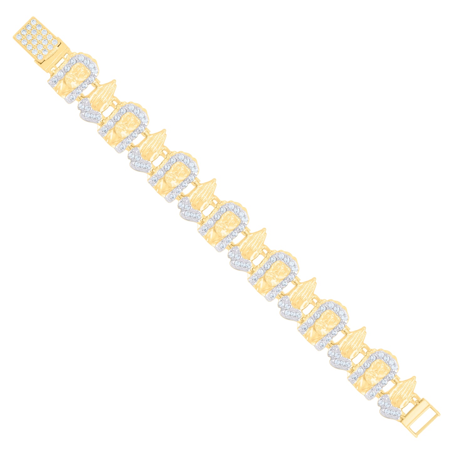 10K Two-tone Gold Mens Cubic-Zirconia Praying Hands Jesus Religious Link Bracelet Size 9 Inches