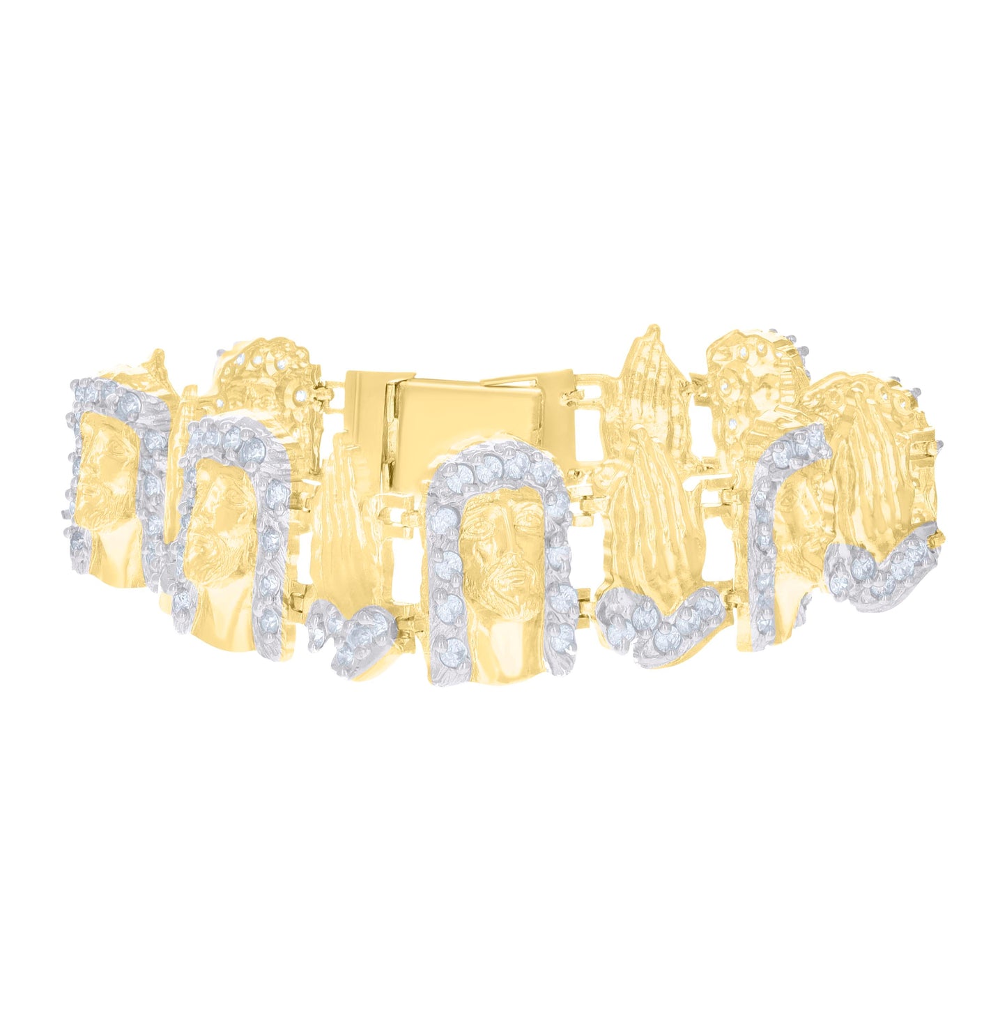 10K Two-tone Gold Mens Cubic-Zirconia Praying Hands Jesus Religious Link Bracelet Size 9 Inches