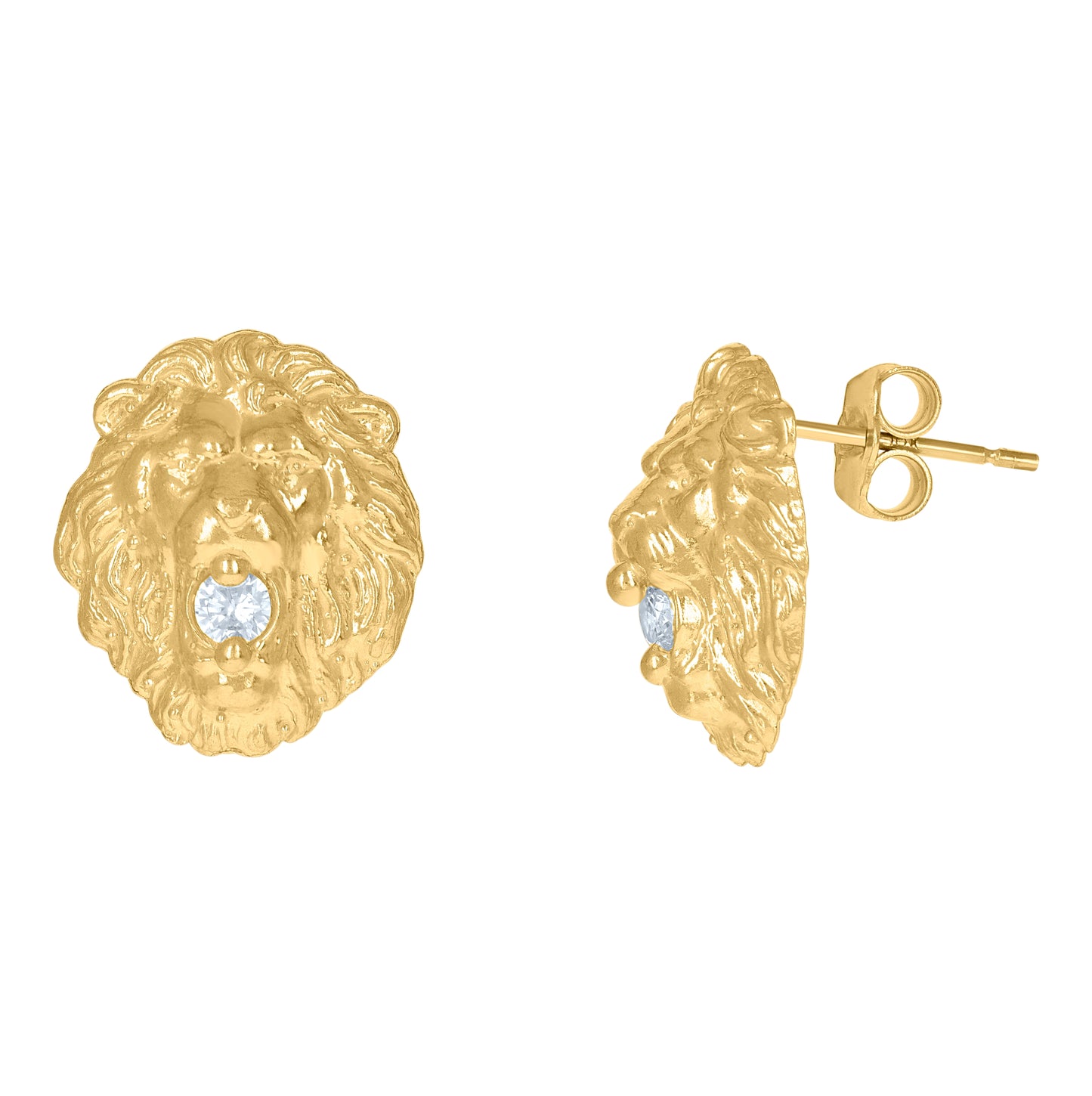 10K Yellow Gold Mens Animal Lion Stud Earrings