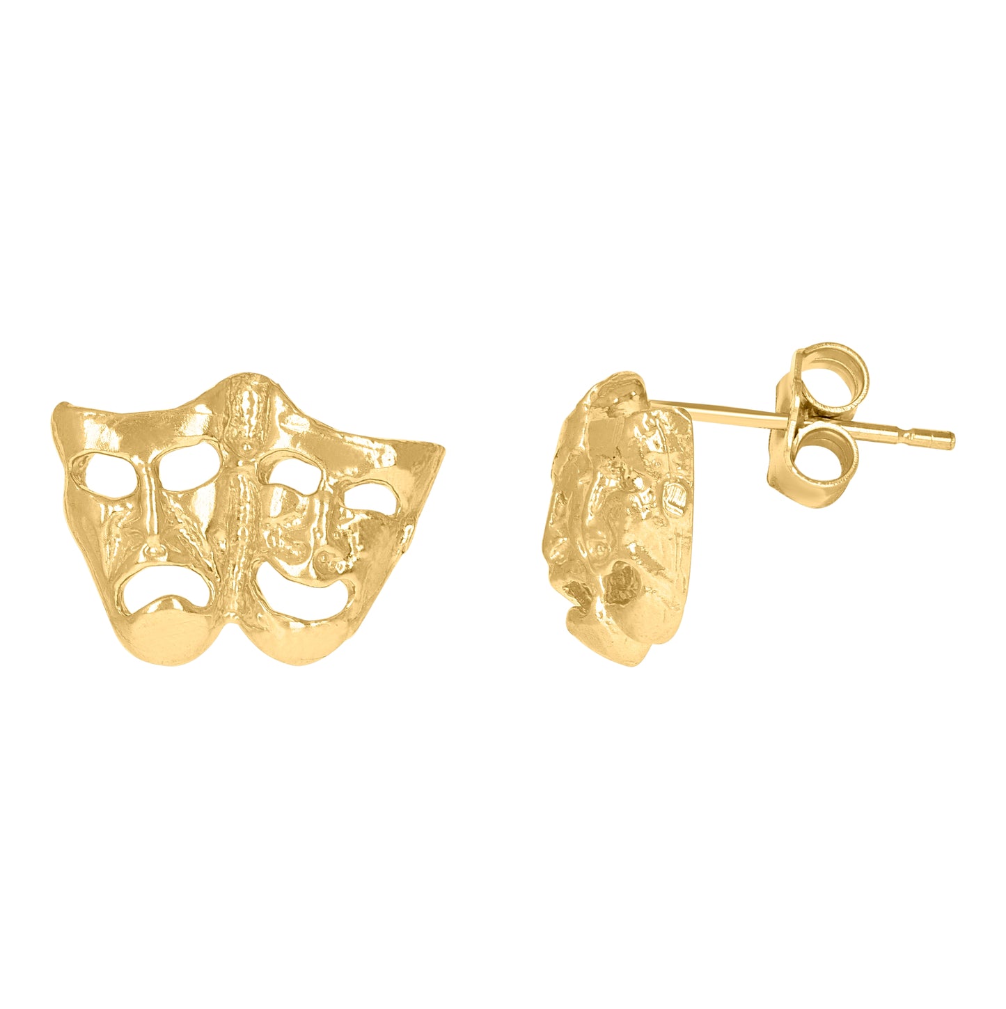 10K Yellow Gold Mens Fashion Comedy Tragedy Mask Stud Earrings