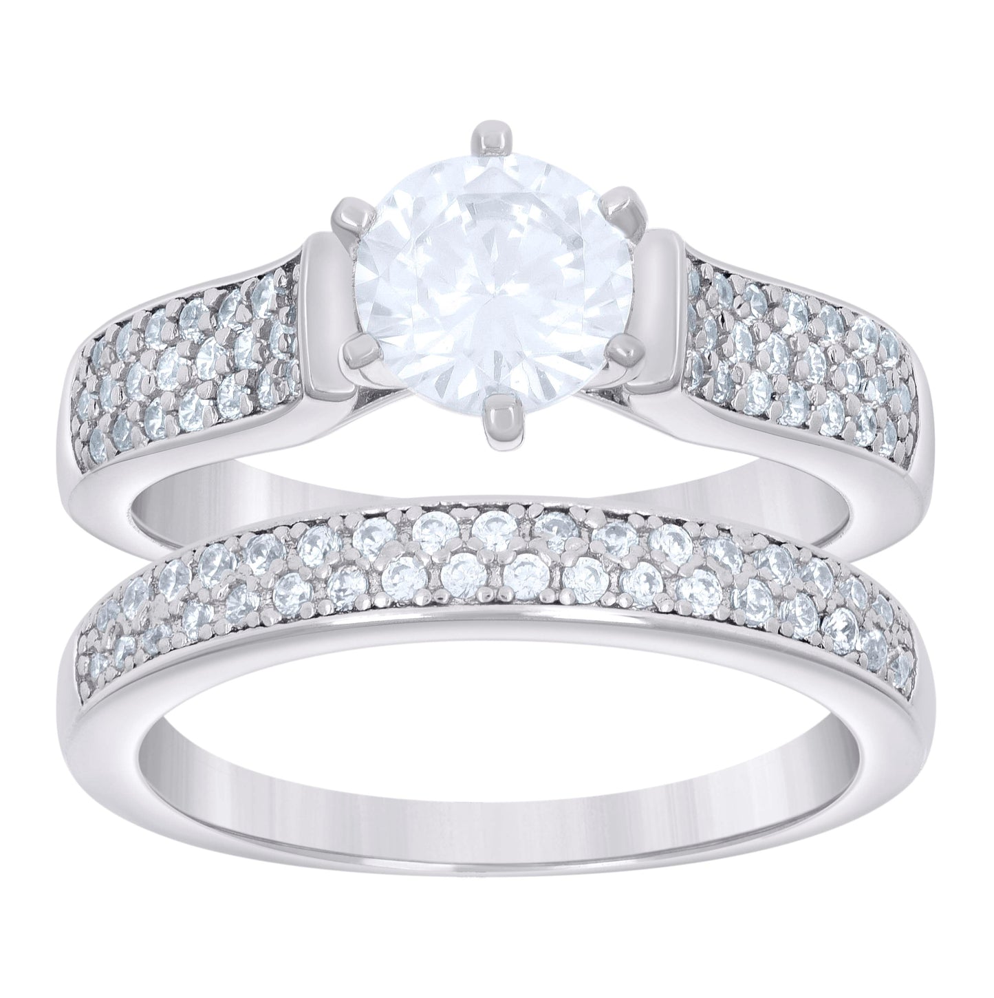 Sterling Silver Women's Cubic-Zirconia Duo Bridal Anniversary Wedding Engagement Band Ring Set