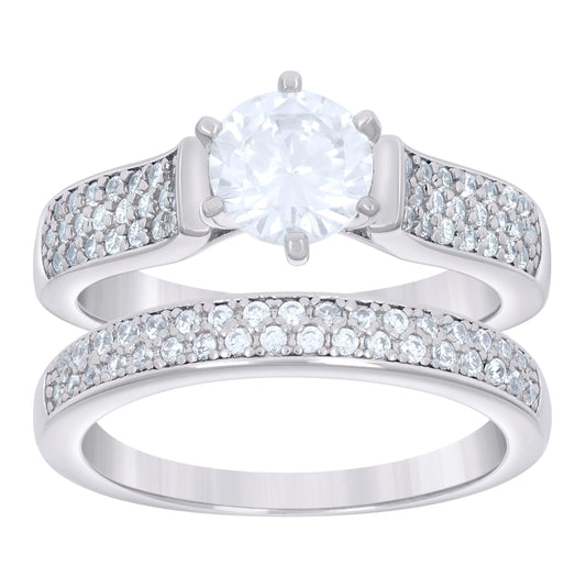 Sterling Silver Women's Cubic-Zirconia Duo Bridal Anniversary Wedding Engagement Band Ring Set