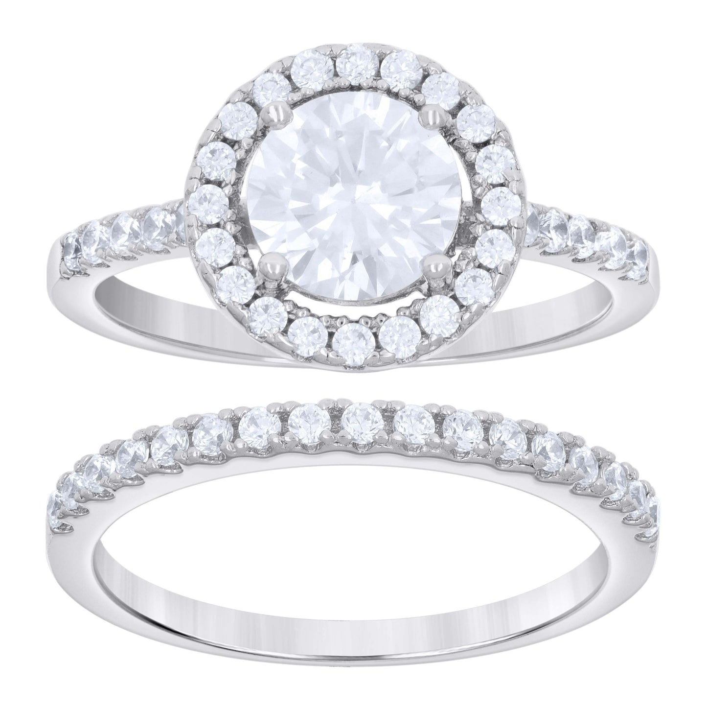 Sterling Silver Women's Cubic-Zirconia Duo Bridal Anniversary Wedding Engagement Band Ring Set