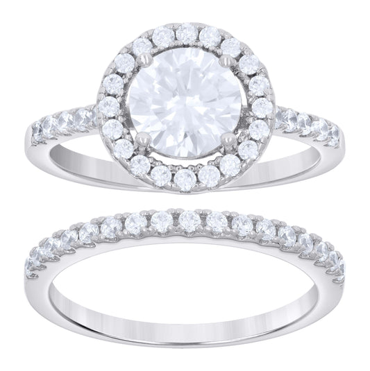 Sterling Silver Women's Cubic-Zirconia Duo Bridal Anniversary Wedding Engagement Band Ring Set