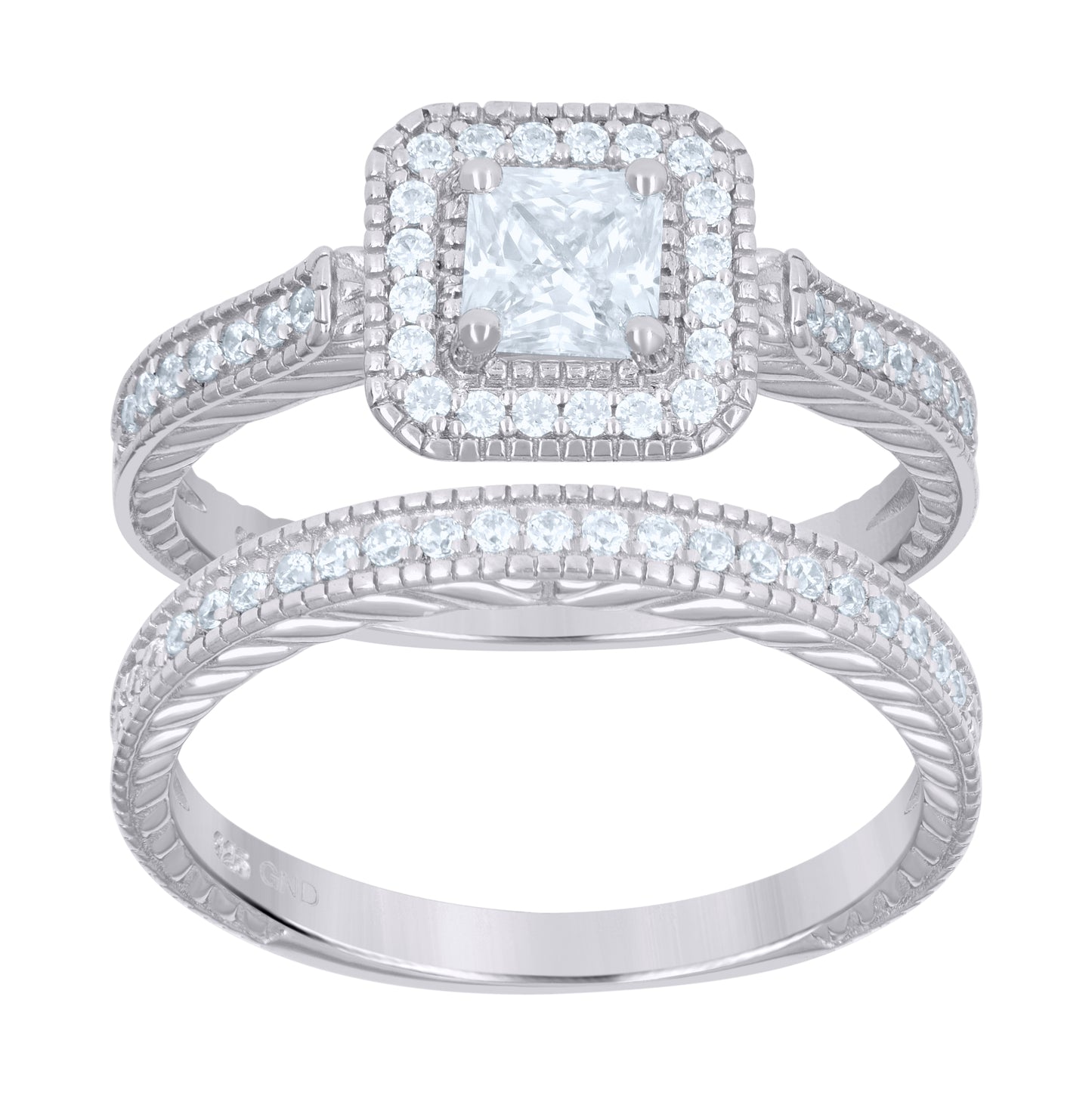 Sterling Silver Womens Princess-Cut Round Cubic-Zirconia Duo Bridal Anniversary Wedding Engagement Band Ring Set
