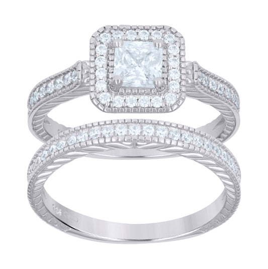 Sterling Silver Womens Princess-Cut Round Cubic-Zirconia Duo Bridal Anniversary Wedding Engagement Band Ring Set