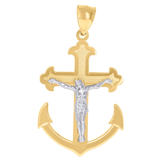 10K Two-Tone Gold Mens Crucifix Anchor Religious Charm Pendant