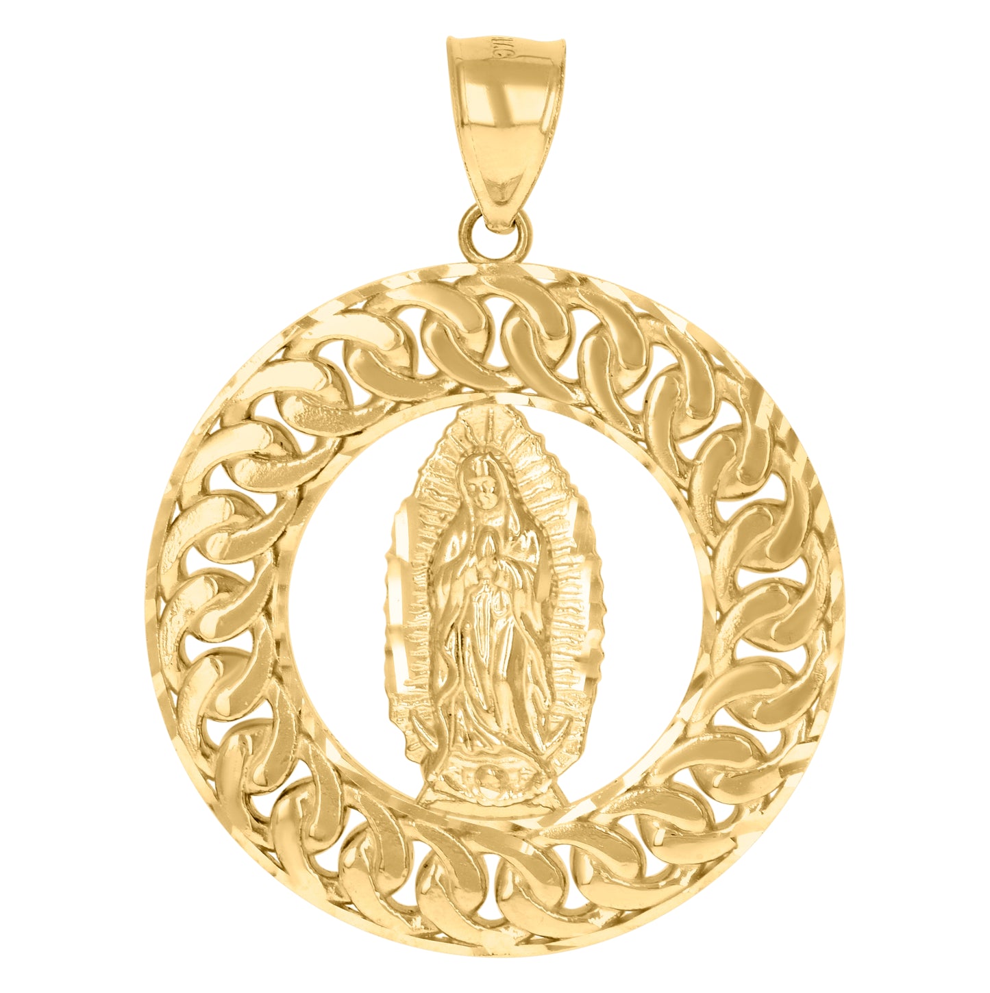 10K Yellow Gold Mens Guadalupe Cuban Link Religious Medallion Charm Pendant