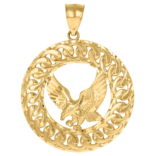 10K Yellow Gold Mens Wildlife Bird Eagle Cuban Link Medallion Patriotism Charm Pendant