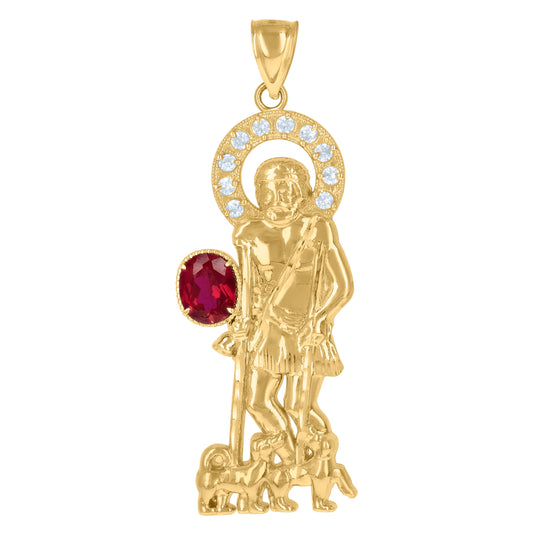 10K Yellow Gold Mens Red White Oval Round Cubic-Zirconia St. Lazarus Religious Charm Pendant