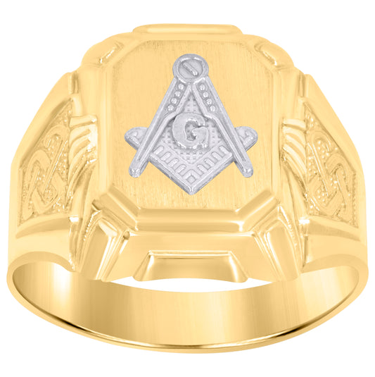 10K Two-Tone Gold Mens Masonic Signet Ring