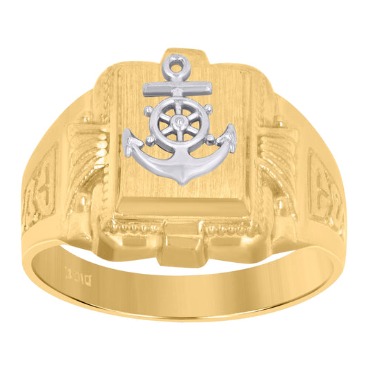 10K Two-Tone Gold Mens Anchor Signet Ring