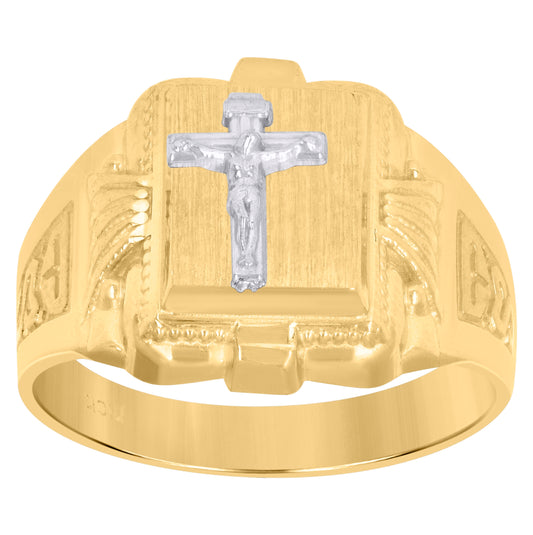 10K Two-Tone Gold Mens Crucifix Signet Ring