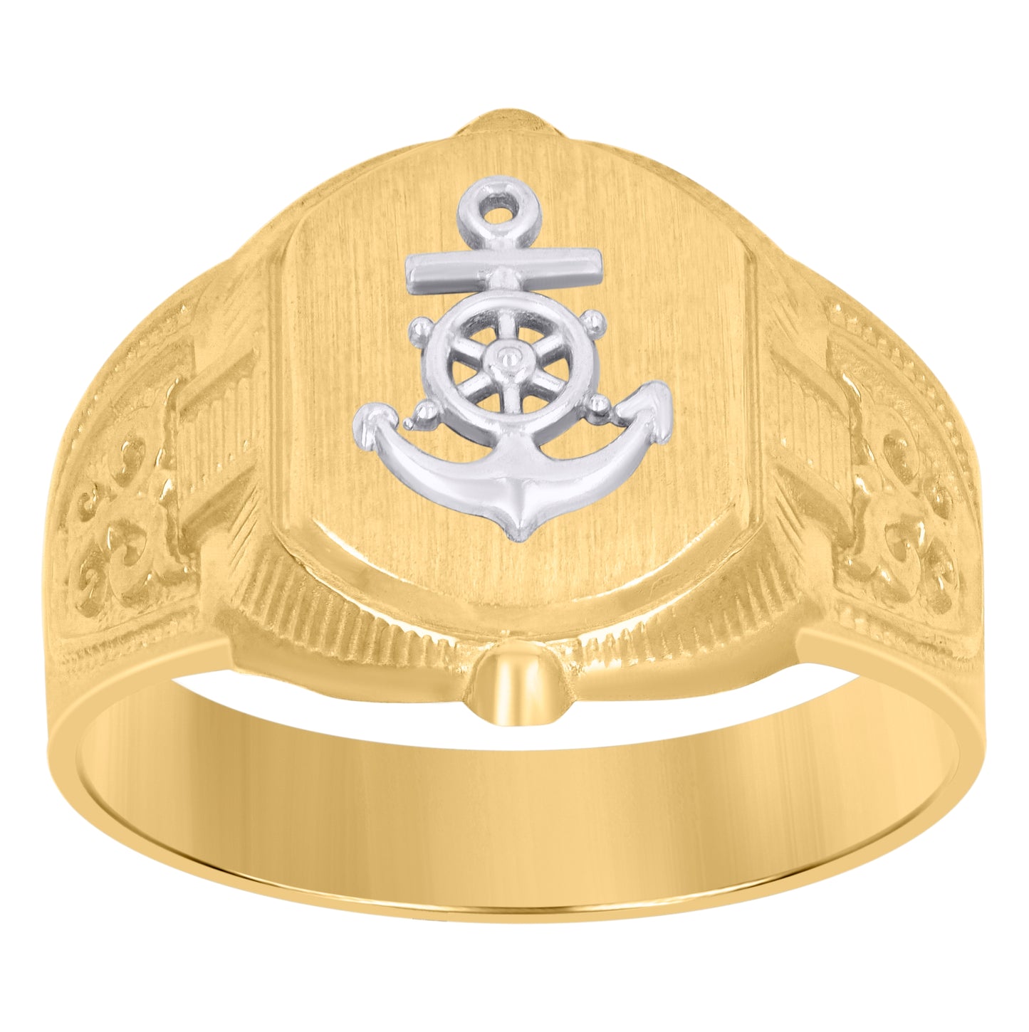 10K Two-Tone Gold Mens Anchor Signet Ring