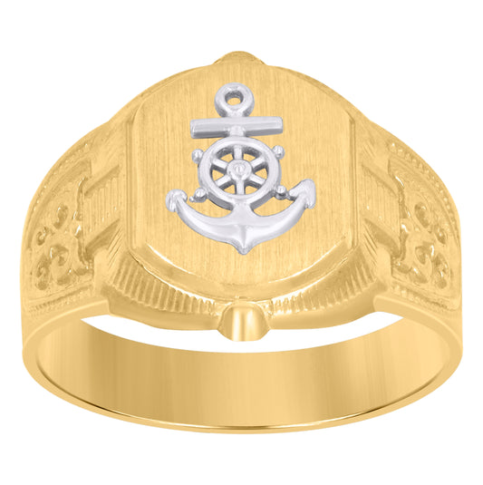 10K Two-Tone Gold Mens Anchor Signet Ring