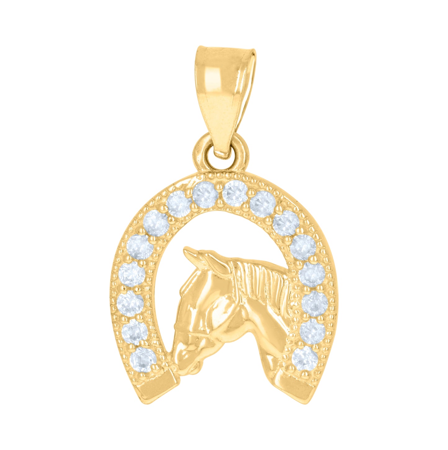 10K Yellow Gold Mens Cubic-Zirconia Good Luck Horseshoe Horse Head Charm Pendant