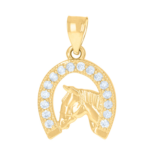 10K Yellow Gold Mens Cubic-Zirconia Good Luck Horseshoe Horse Head Charm Pendant